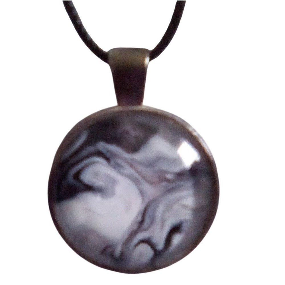 Handmade Black White Marbled Glass Pendant Necklace Bronze Tone Cord Adjustable - Picture 4 of 8